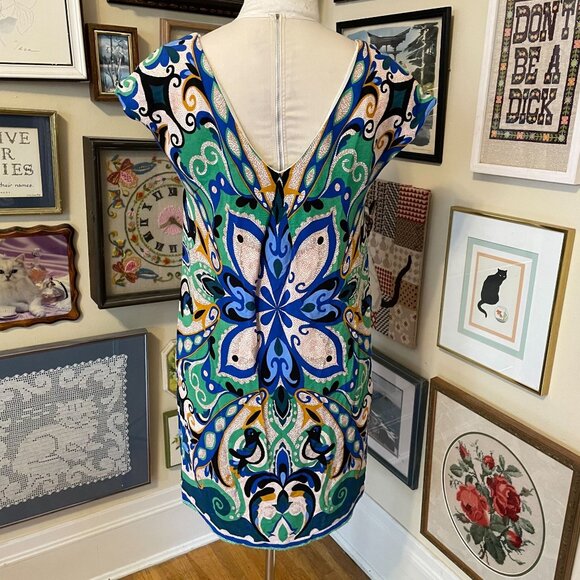 Maeve Blue Green Gold Abstract Pattern V-Neck Cap Sleeve Sheath Dress Size XS - Picture 3 of 6